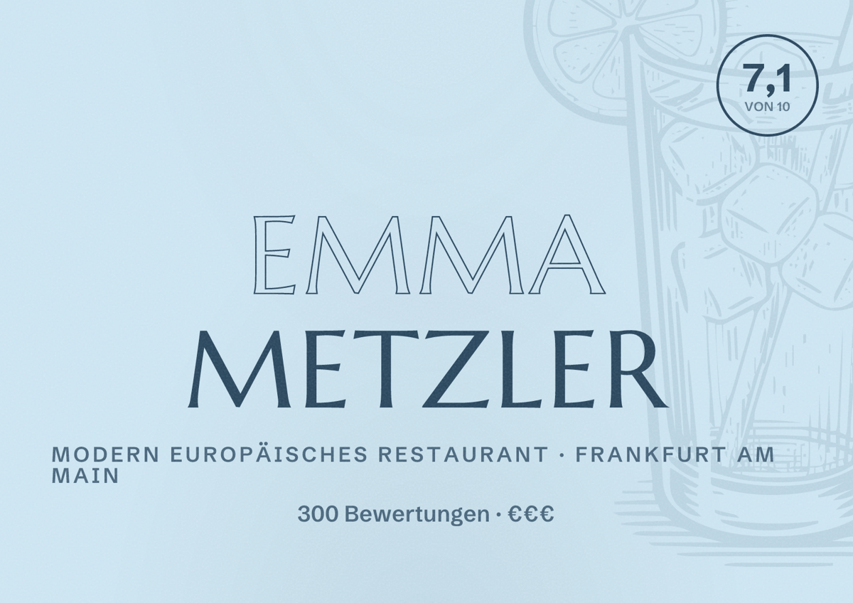 Illustriertes Poster von Emma Metzler, Modern europäisches Restaurant in Frankfurt am Main: Bewertung 7,1 von 10 aus 300 Bewertungen, Preisniveau €€€