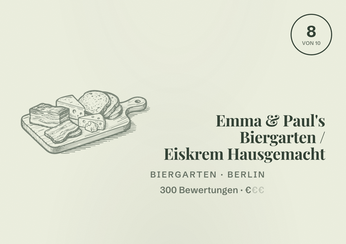 Illustriertes Poster von Emma & Paul's Biergarten / Eiskrem Hausgemacht, Biergarten in Berlin: Bewertung 8,0 von 10 aus 300 Bewertungen, Preisniveau €