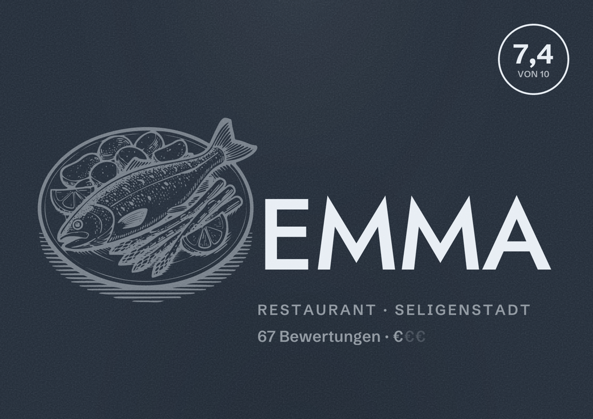 Illustriertes Poster von EMMA, Restaurant in Seligenstadt: Bewertung 7,4 von 10 aus 67 Bewertungen, Preisniveau €