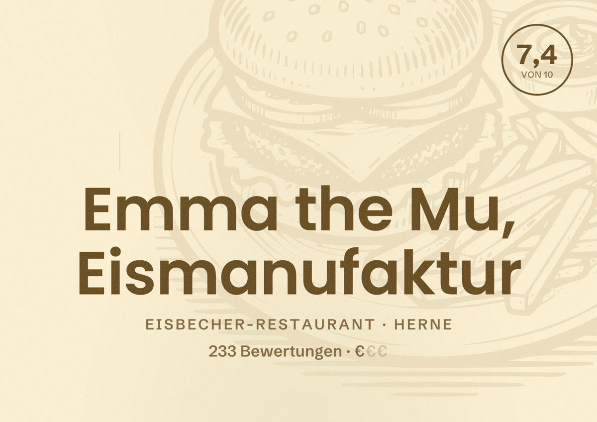 Illustriertes Poster von Emma the Mu, Eismanufaktur, Eisbecher-Restaurant in Herne: Bewertung 7,4 von 10 aus 233 Bewertungen, Preisniveau €