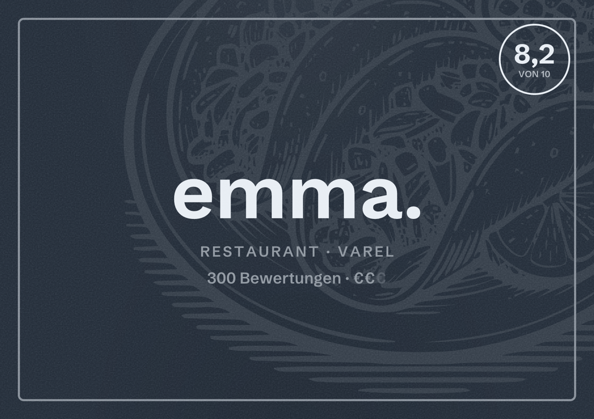 Illustriertes Poster von emma., Restaurant in Varel: Bewertung 8,2 von 10 aus 300 Bewertungen, Preisniveau €€