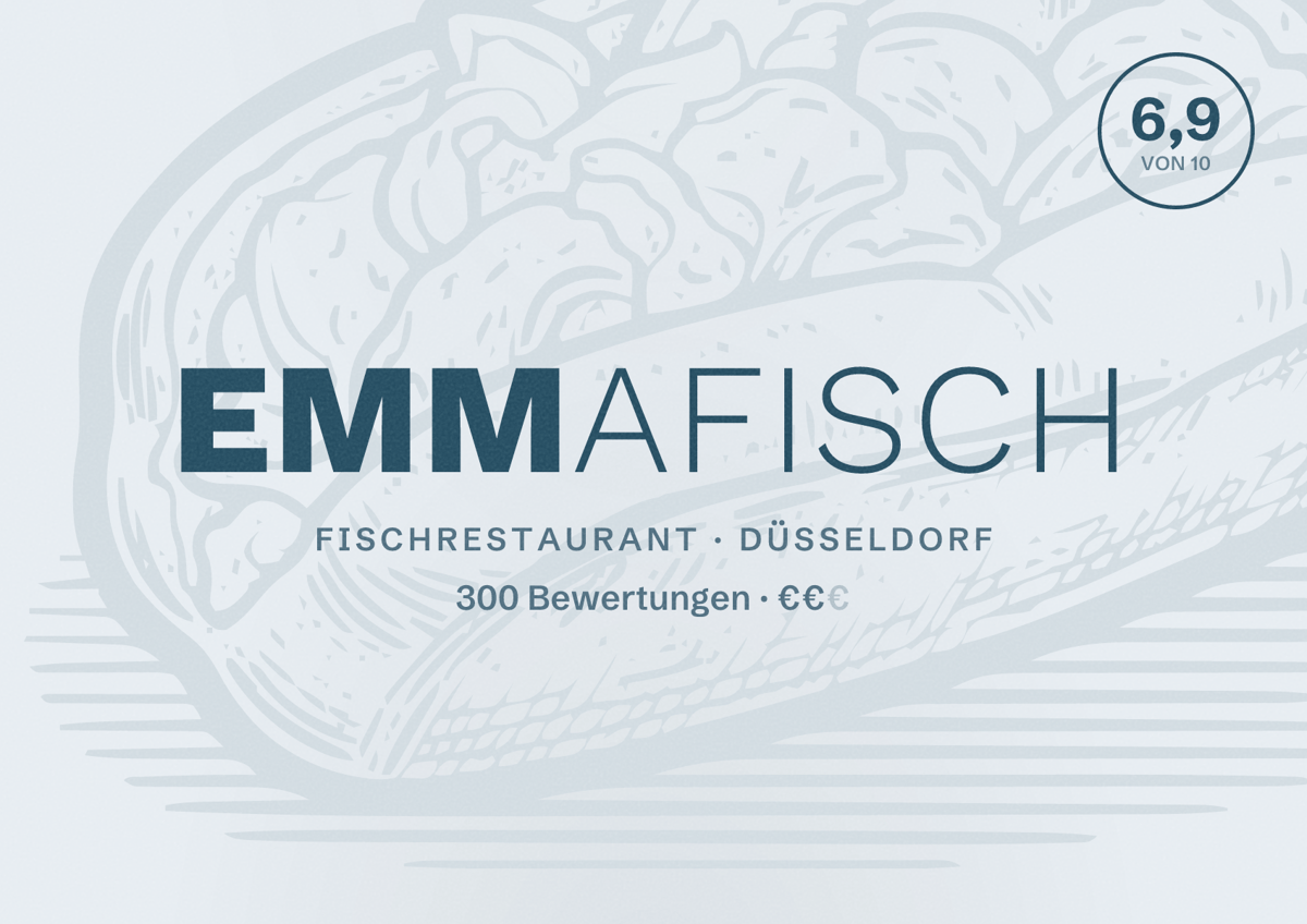 Illustriertes Poster von Emmafisch, Fischrestaurant in Düsseldorf: Bewertung 6,9 von 10 aus 300 Bewertungen, Preisniveau €€