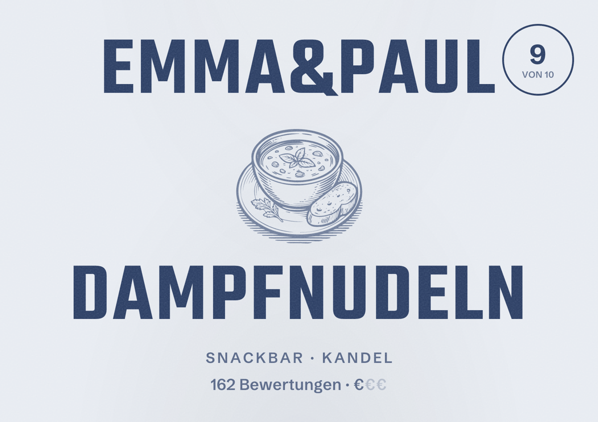 Illustriertes Poster von Emma&Paul Dampfnudeln, Snackbar in Kandel: Bewertung 9 von 10 aus 162 Bewertungen, Preisniveau €