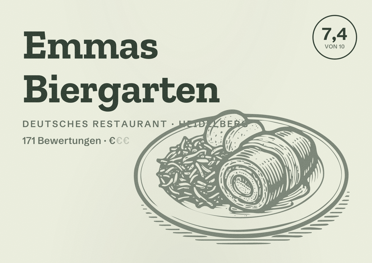 Illustriertes Poster von Emmas Biergarten, Deutsches Restaurant in Heidelberg: Bewertung 7,4 von 10 aus 171 Bewertungen, Preisniveau €