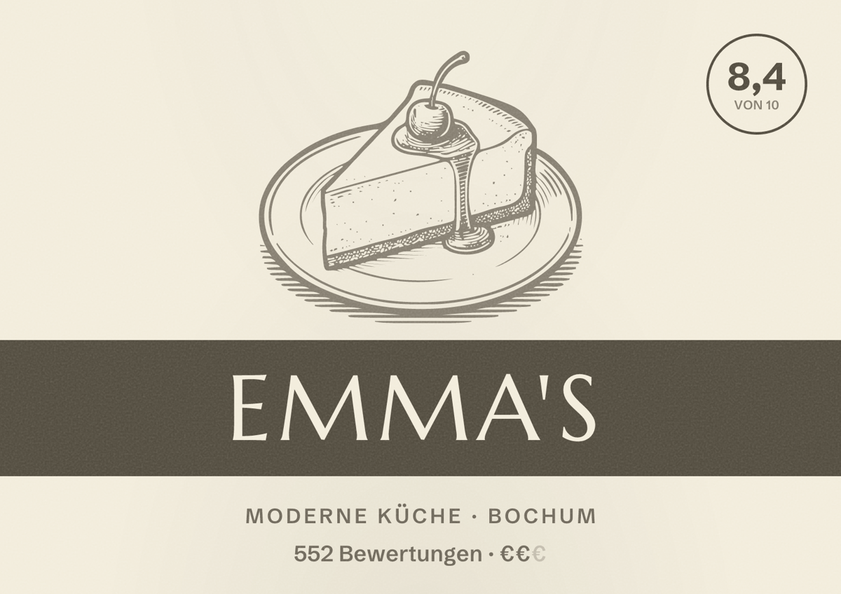 Illustriertes Poster von Emma's, Moderne Küche in Bochum: Bewertung 8,4 von 10 aus 552 Bewertungen, Preisniveau €€