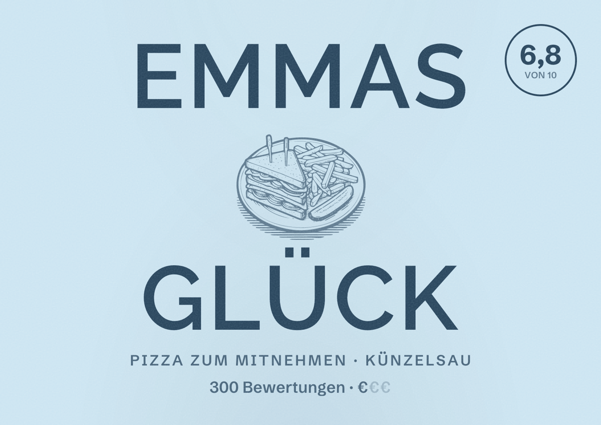 Illustriertes Poster von Emmas Glück, Pizza zum Mitnehmen in Künzelsau: Bewertung 6,8 von 10 aus 300 Bewertungen, Preisniveau €