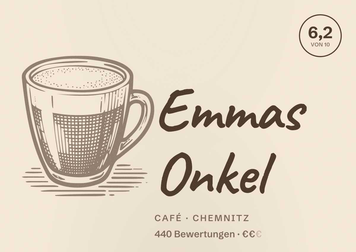 Illustriertes Poster von Emmas Onkel, Café in Chemnitz: Bewertung 6,2 von 10 aus 440 Bewertungen, Preisniveau €€