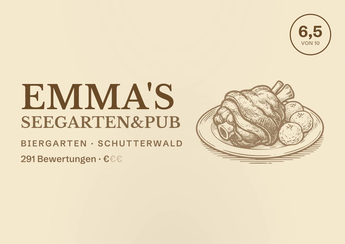 Illustriertes Poster von Emma's Seegarten&Pub, Biergarten in Schutterwald: Bewertung 6,5 von 10 aus 291 Bewertungen, Preisniveau €