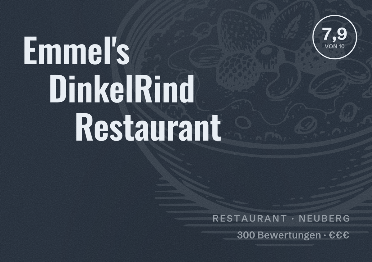 Illustriertes Poster von Emmel's DinkelRind Restaurant, Restaurant in Neuberg: Bewertung 7,9 von 10 aus 300 Bewertungen, Preisniveau €€€