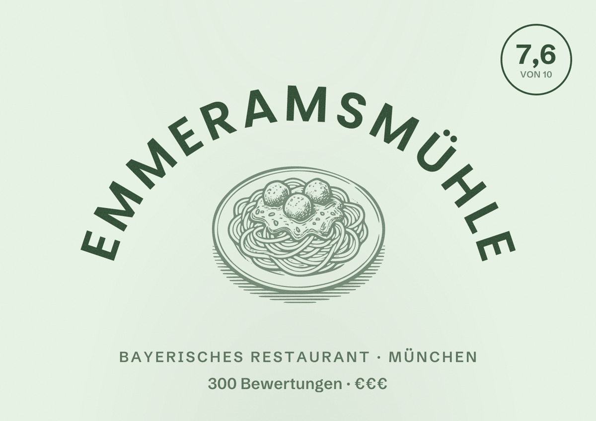 Illustriertes Poster von Emmeramsmühle, Bayerisches Restaurant in München: Bewertung 7,6 von 10 aus 300 Bewertungen, Preisniveau €€€
