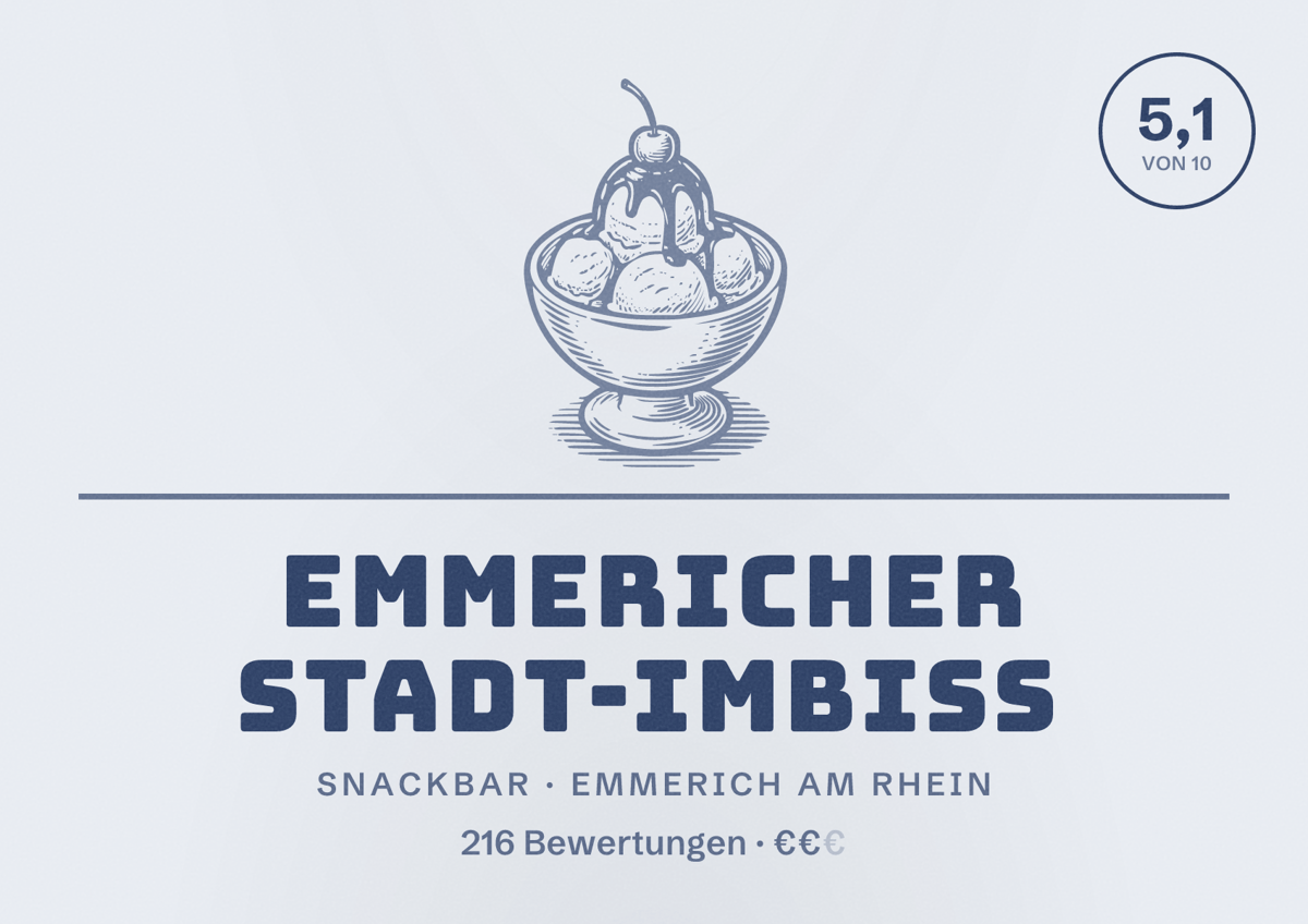 Illustriertes Poster von Emmericher Stadt-Imbiss, Snackbar in Emmerich am Rhein: Bewertung 5,1 von 10 aus 216 Bewertungen, Preisniveau €€