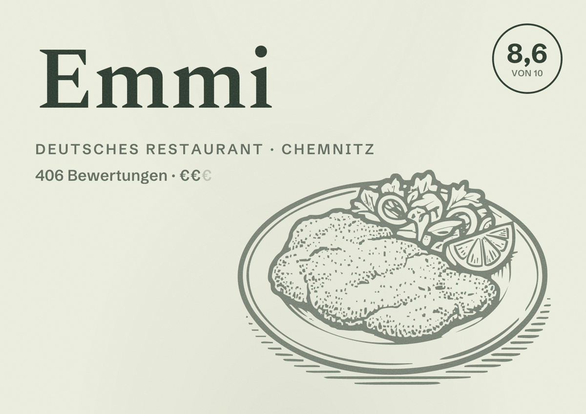 Illustriertes Poster von Emmi, Deutsches Restaurant in Chemnitz: Bewertung 8,6 von 10 aus 406 Bewertungen, Preisniveau €€