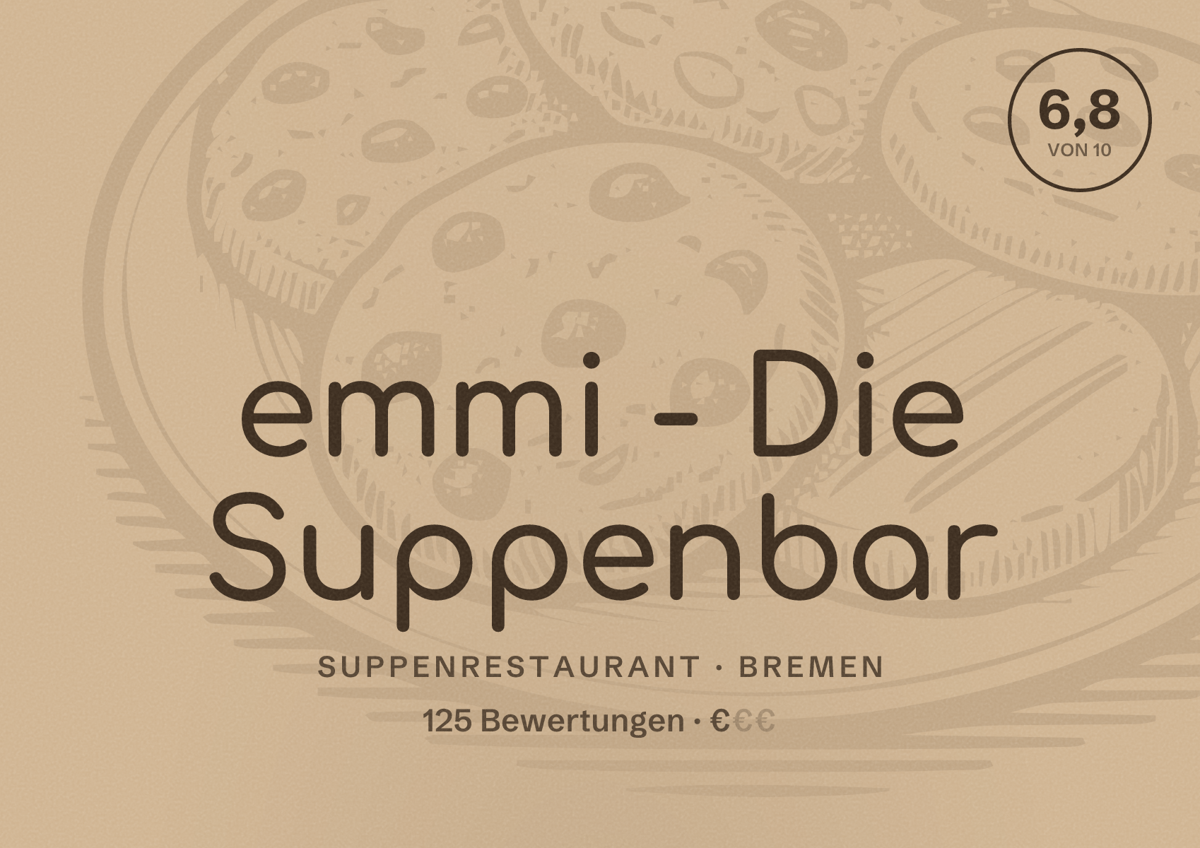 Illustriertes Poster von emmi - Die Suppenbar, Suppenrestaurant in Bremen: Bewertung 6,8 von 10 aus 125 Bewertungen, Preisniveau €