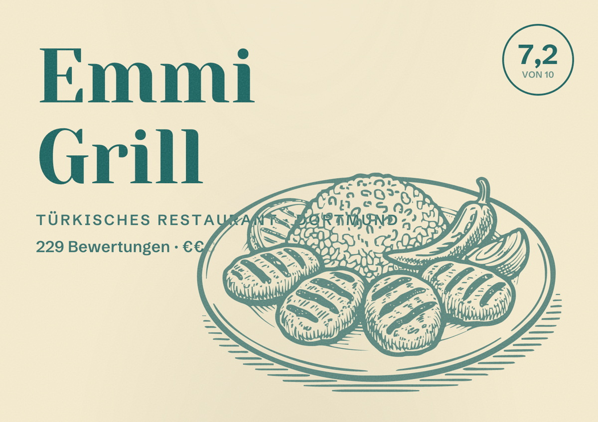 Illustriertes Poster von Emmi Grill, Türkisches Restaurant in Dortmund: Bewertung 7,2 von 10 aus 229 Bewertungen, Preisniveau €€