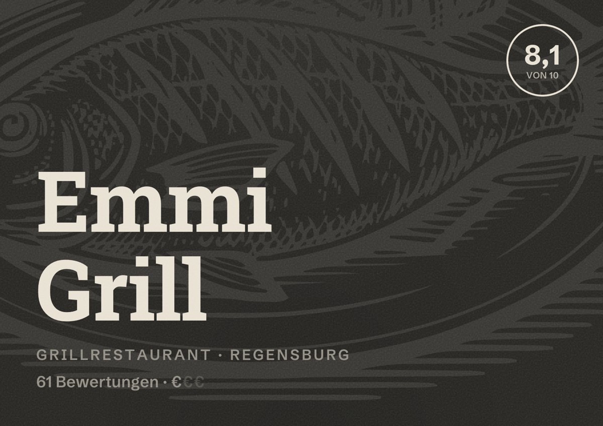 Illustriertes Poster von Emmi Grill, Grillrestaurant in Regensburg: Bewertung 8,1 von 10 aus 61 Bewertungen, Preisniveau €