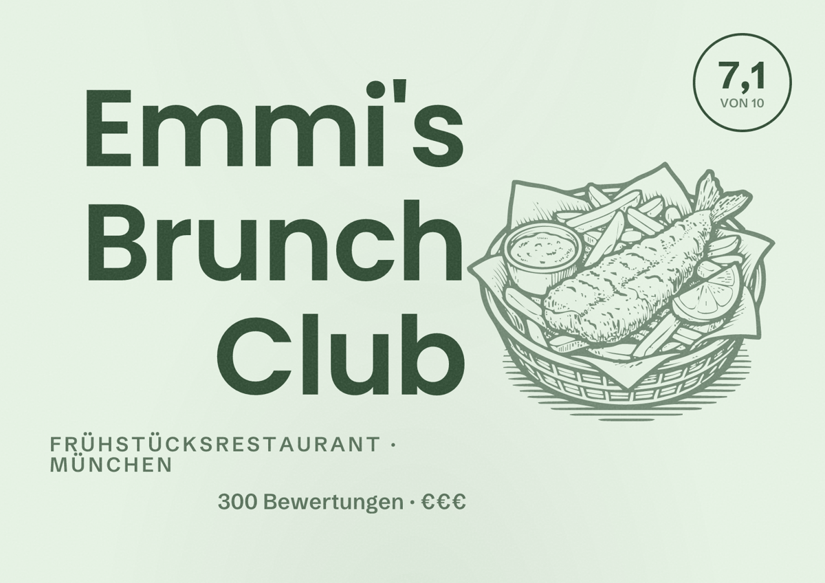 Illustriertes Poster von Emmi's Brunch Club, Frühstücksrestaurant in München: Bewertung 7,1 von 10 aus 300 Bewertungen, Preisniveau €€€