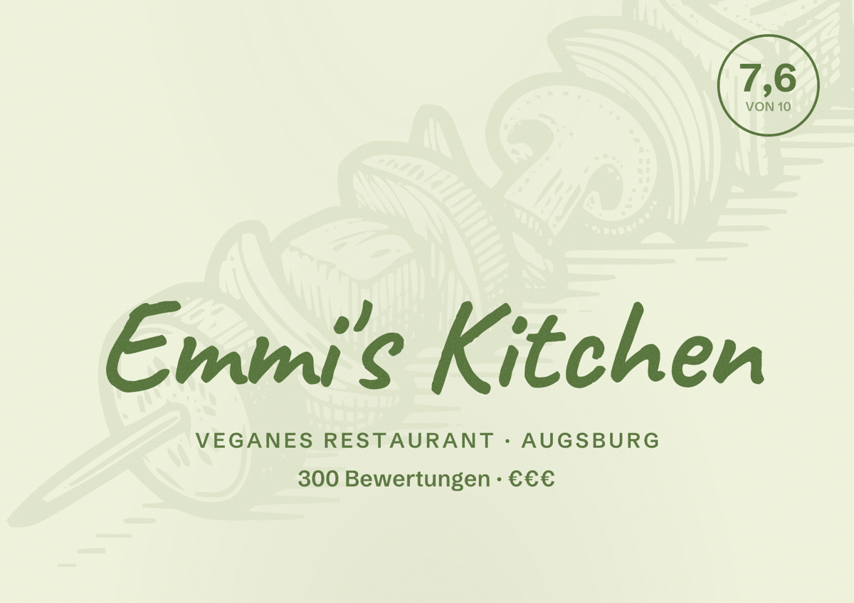 Illustriertes Poster von Emmi's Kitchen, Veganes Restaurant in Augsburg: Bewertung 7,6 von 10 aus 300 Bewertungen, Preisniveau €€€