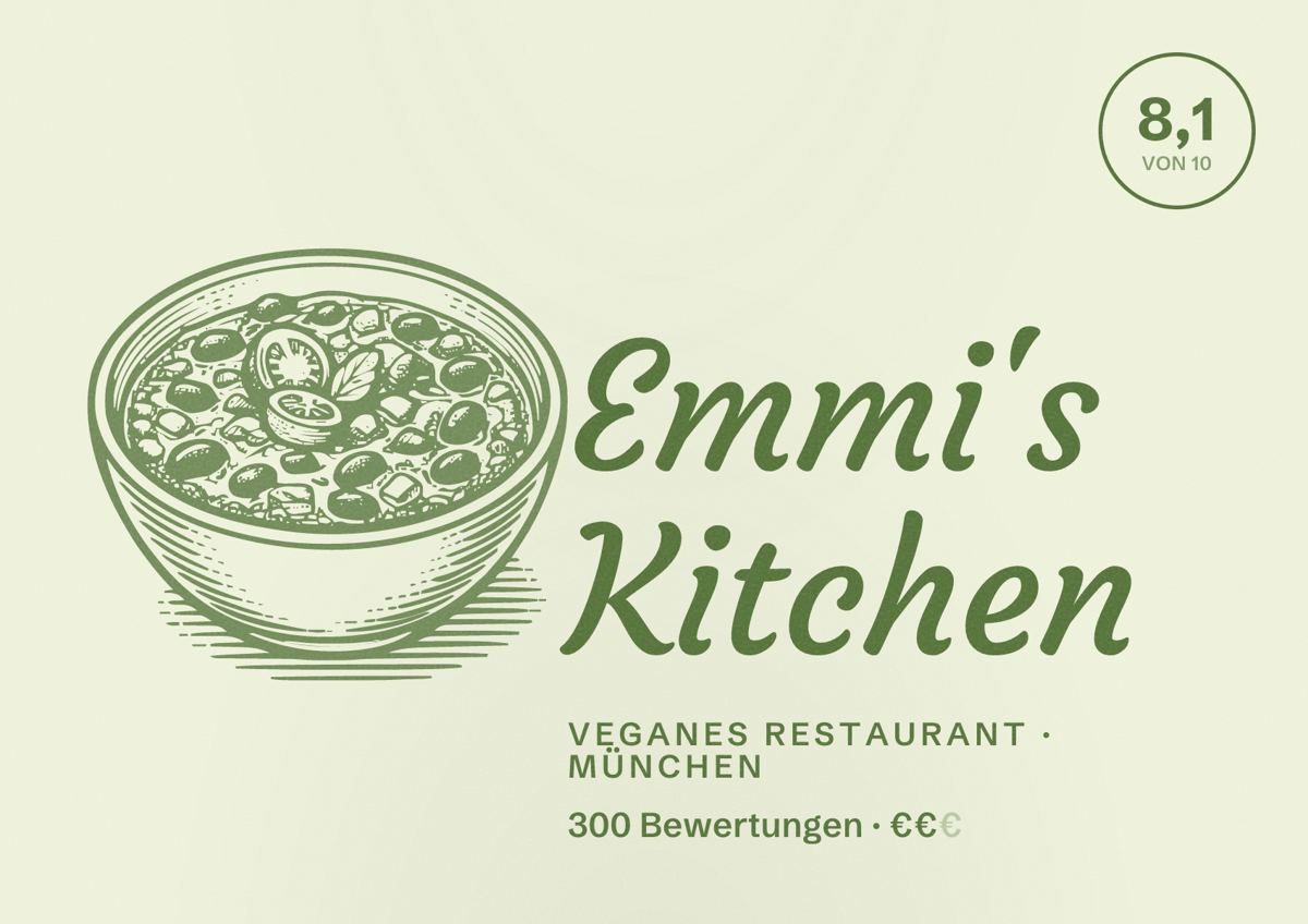Illustriertes Poster von Emmi's Kitchen, Veganes Restaurant in München: Bewertung 8,1 von 10 aus 300 Bewertungen, Preisniveau €€