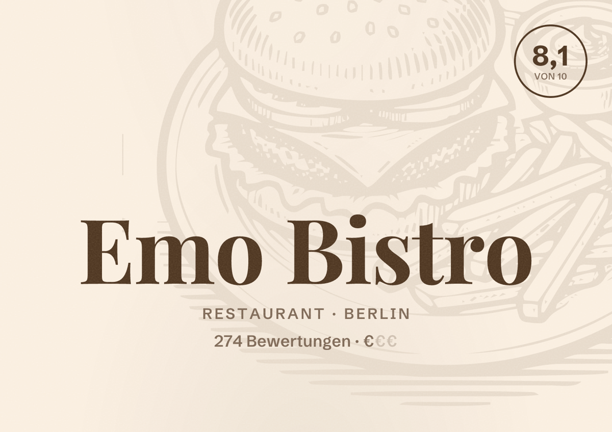 Illustriertes Poster von Emo Bistro, Restaurant in Berlin: Bewertung 8,1 von 10 aus 274 Bewertungen, Preisniveau €