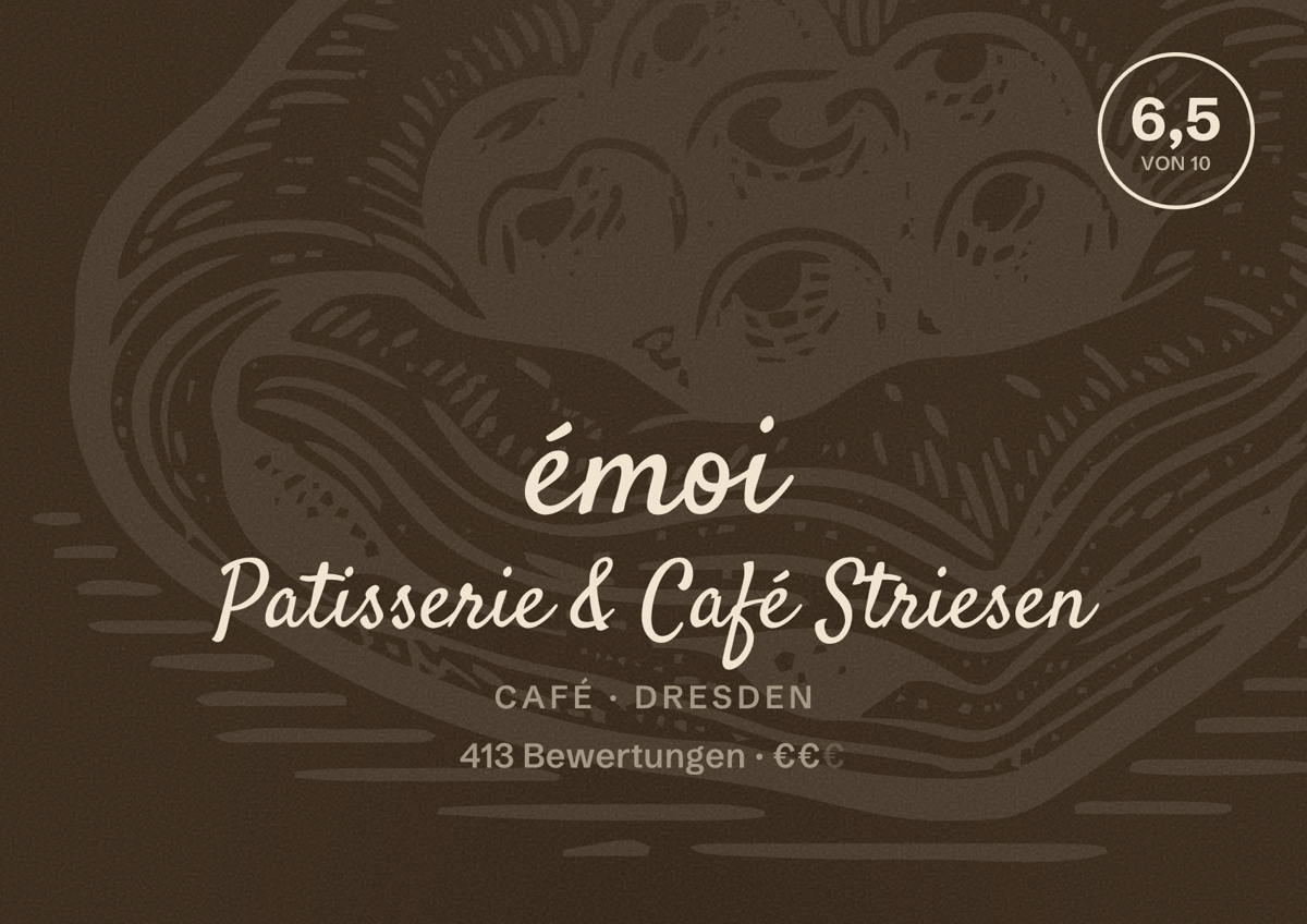 Illustriertes Poster von émoi Patisserie & Café Striesen, Café in Dresden: Bewertung 6,5 von 10 aus 413 Bewertungen, Preisniveau €€