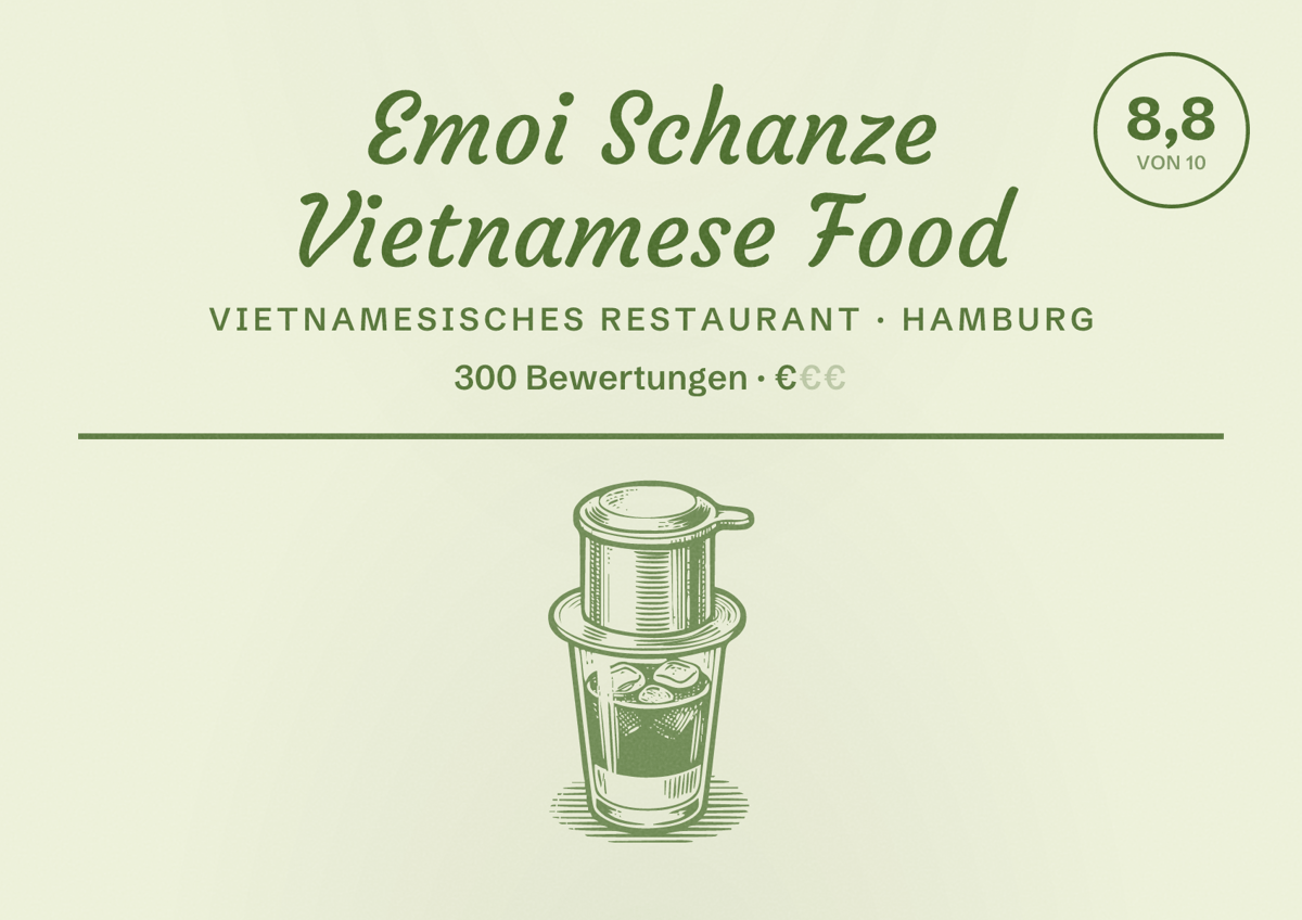 Illustriertes Poster von Emoi Schanze Vietnamese Food, Vietnamesisches Restaurant in Hamburg: Bewertung 8,8 von 10 aus 300 Bewertungen, Preisniveau €
