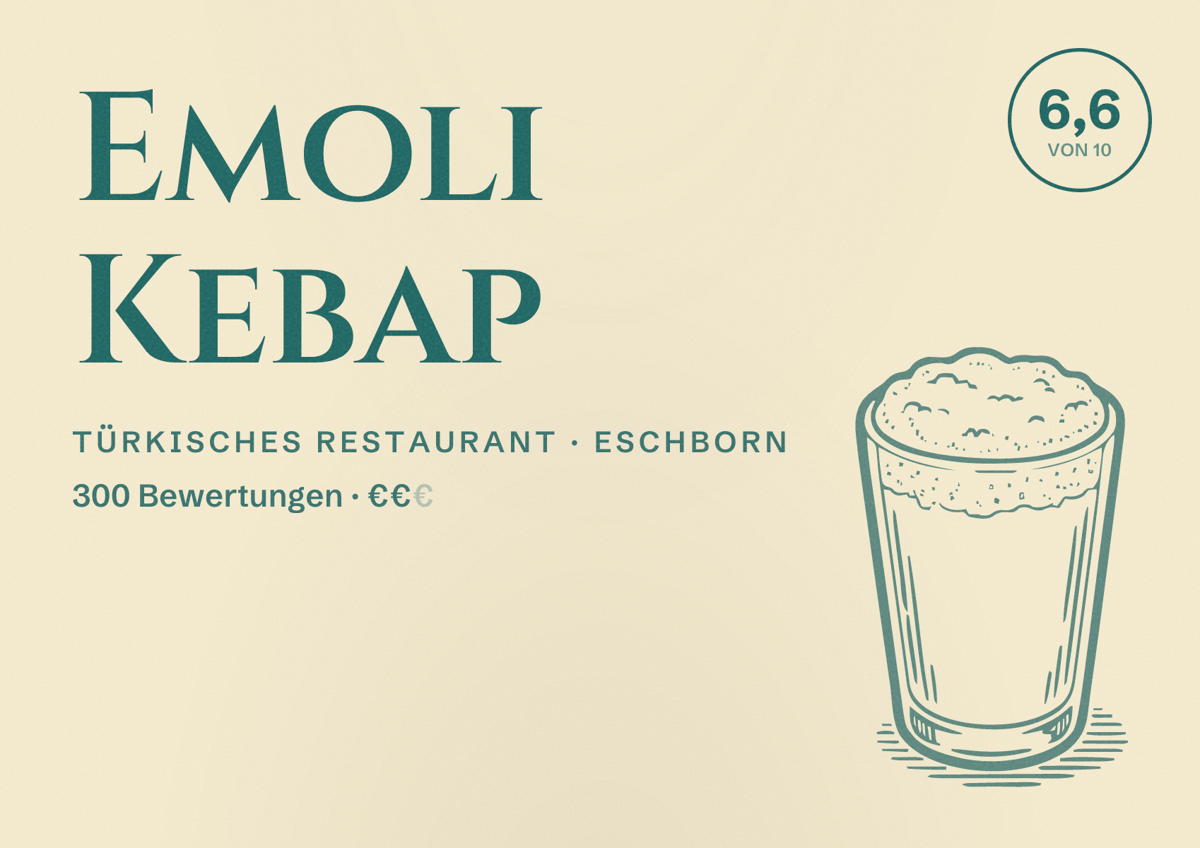 Illustriertes Poster von Emoli Kebap, Türkisches Restaurant in Eschborn: Bewertung 6,6 von 10 aus 300 Bewertungen, Preisniveau €€