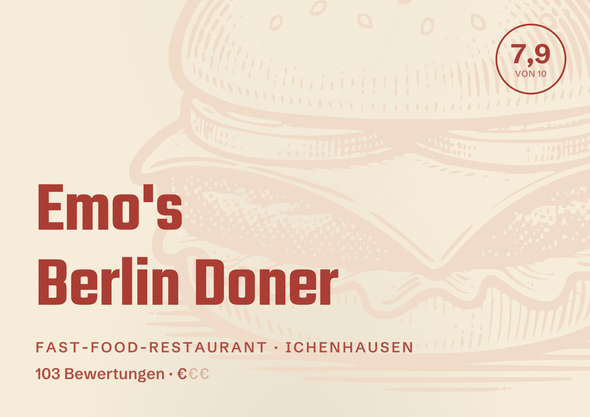 Illustriertes Poster von Emo's Berlin Doner, Fast-Food-Restaurant in Ichenhausen: Bewertung 7,9 von 10 aus 103 Bewertungen, Preisniveau €
