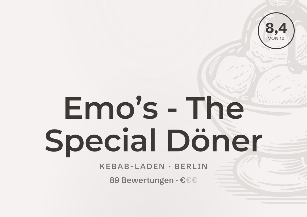 Illustriertes Poster von Emo’s - The Special Döner, Kebab-Laden in Berlin: Bewertung 8,4 von 10 aus 89 Bewertungen, Preisniveau €