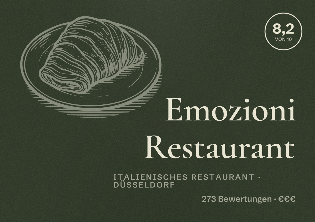Illustriertes Poster von Emozioni Restaurant, Italienisches Restaurant in Düsseldorf: Bewertung 8,2 von 10 aus 273 Bewertungen, Preisniveau €€€
