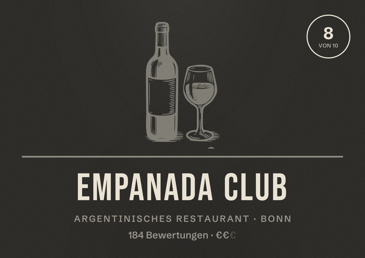 Illustriertes Poster von Empanada Club, Argentinisches Restaurant in Bonn: Bewertung 8 von 10 aus 184 Bewertungen, Preisniveau €€
