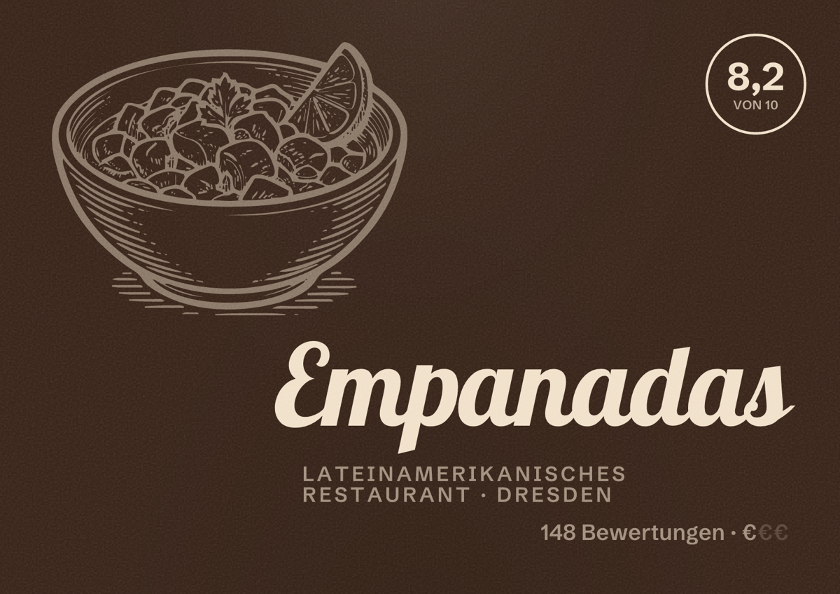 Illustriertes Poster von Empanadas, Lateinamerikanisches Restaurant in Dresden: Bewertung 8,2 von 10 aus 148 Bewertungen, Preisniveau €