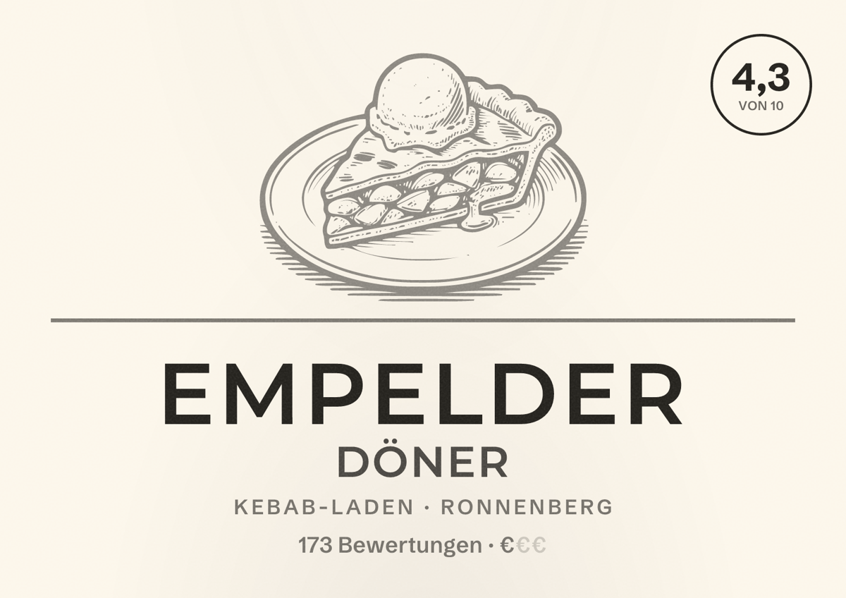 Illustriertes Poster von Empelder Döner, Kebab-Laden in Ronnenberg: Bewertung 4,3 von 10 aus 173 Bewertungen, Preisniveau €