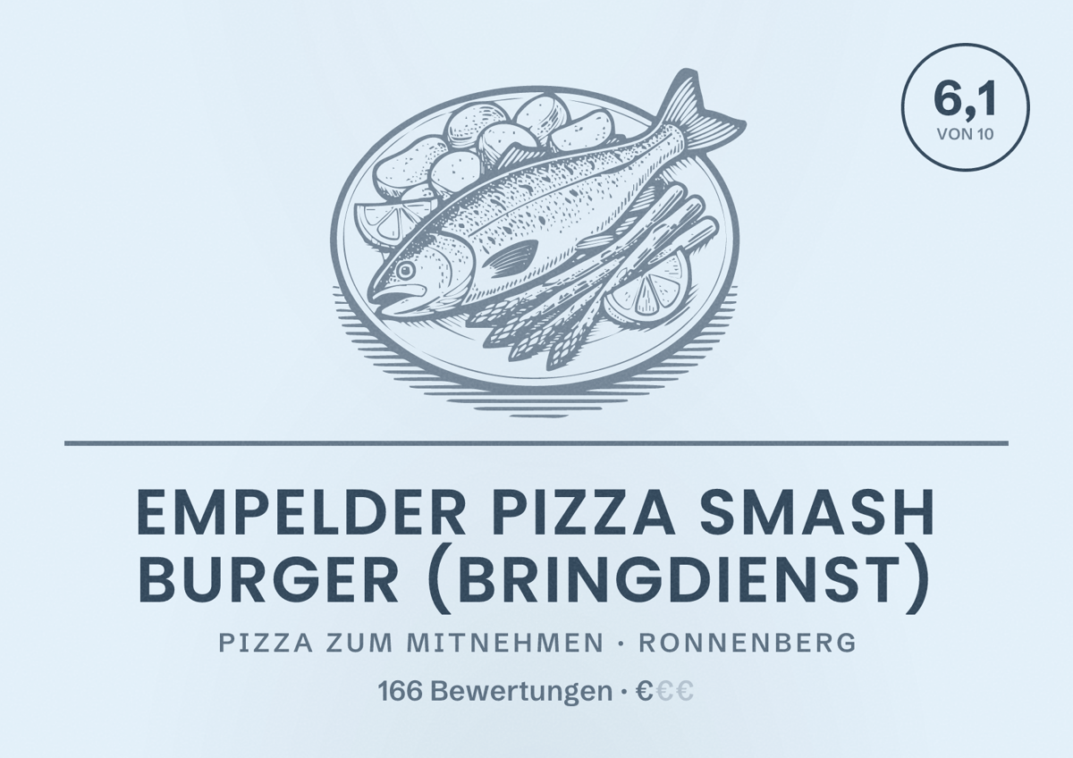 Illustriertes Poster von Empelder Pizza Smash Burger (Bringdienst), Pizza zum Mitnehmen in Ronnenberg: Bewertung 6,1 von 10 aus 166 Bewertungen, Preisniveau €