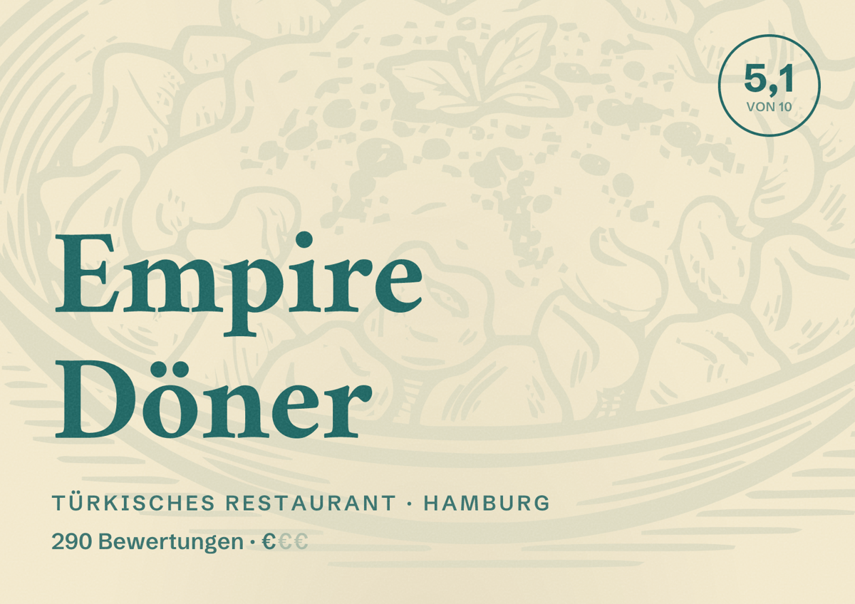 Illustriertes Poster von Empire Döner, Türkisches Restaurant in Hamburg: Bewertung 5,1 von 10 aus 290 Bewertungen, Preisniveau €