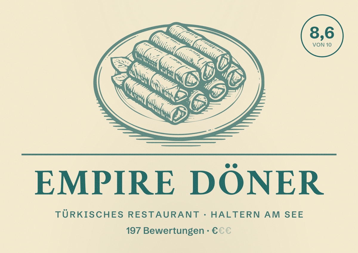 Illustriertes Poster von Empire Döner, Türkisches Restaurant in Haltern am See: Bewertung 8,6 von 10 aus 197 Bewertungen, Preisniveau €
