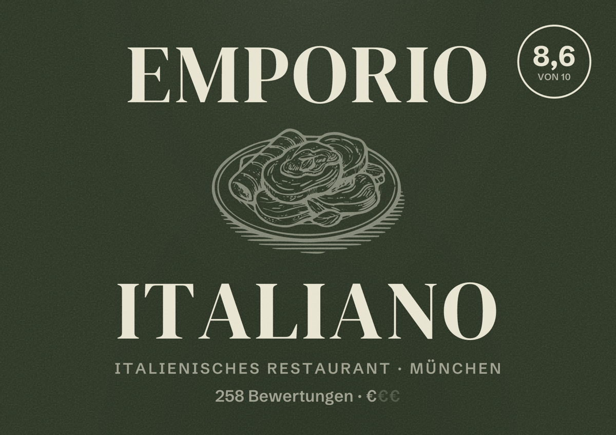 Illustriertes Poster von Emporio Italiano, Italienisches Restaurant in München: Bewertung 8,6 von 10 aus 258 Bewertungen, Preisniveau €