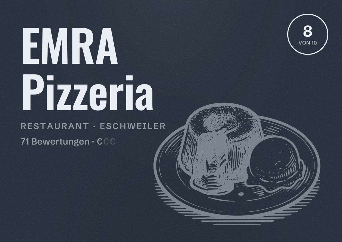 Illustriertes Poster von EMRA Pizzeria, Restaurant in Eschweiler: Bewertung 8 von 10 aus 71 Bewertungen, Preisniveau €