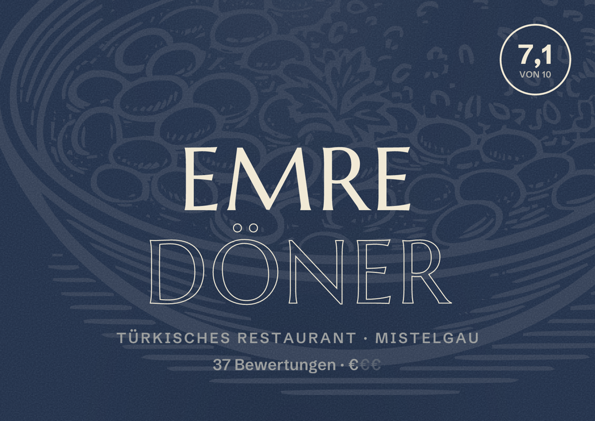 Illustriertes Poster von Emre Döner, Türkisches Restaurant in Mistelgau: Bewertung 7,1 von 10 aus 37 Bewertungen, Preisniveau €