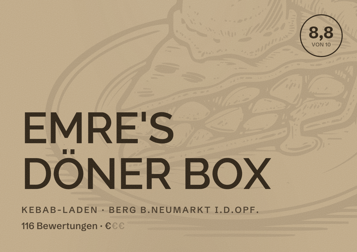 Illustriertes Poster von EMRE'S DÖNER BOX, Kebab-Laden in Berg b.Neumarkt i.d.OPf.: Bewertung 8,8 von 10 aus 116 Bewertungen, Preisniveau €