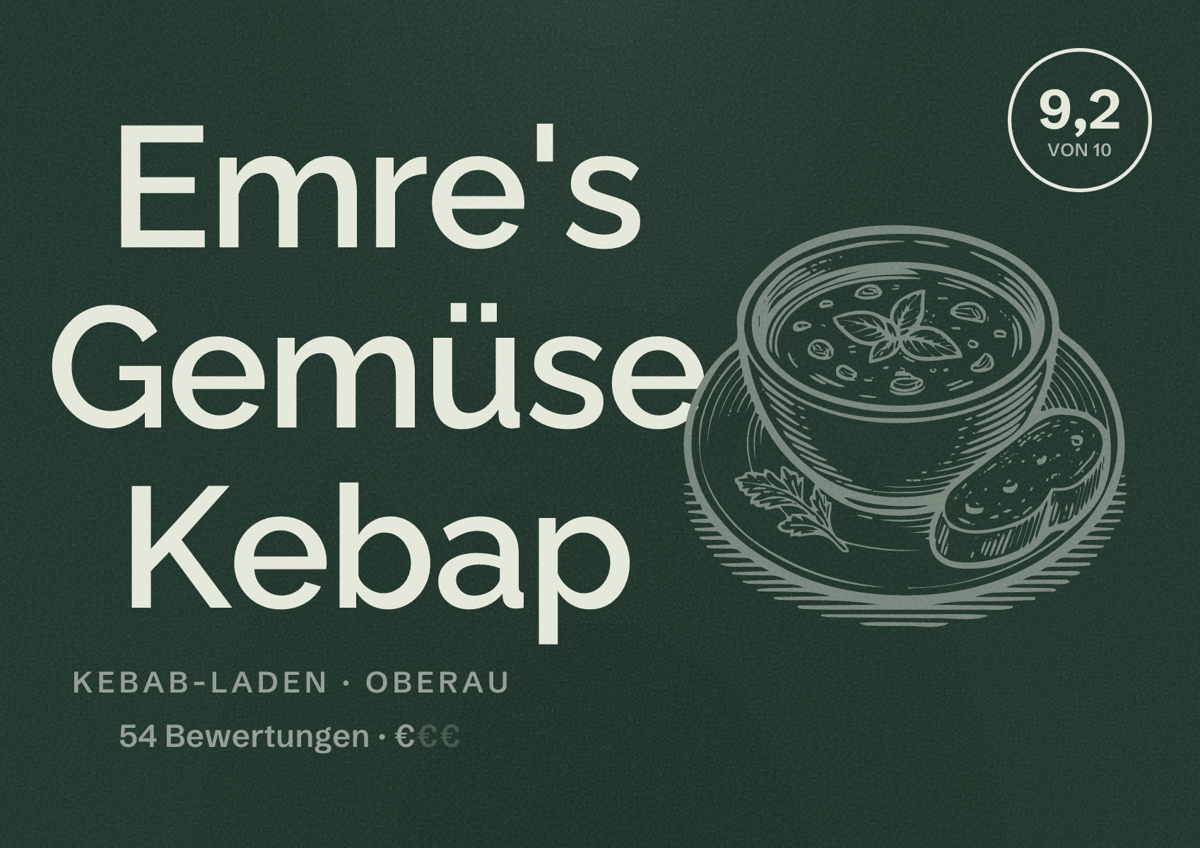 Illustriertes Poster von Emre's Gemüse Kebap, Kebab-Laden in Oberau: Bewertung 9,2 von 10 aus 54 Bewertungen, Preisniveau €