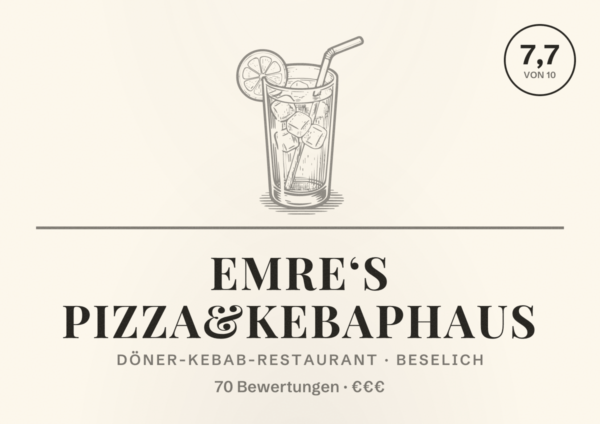 Illustriertes Poster von Emre‘s Pizza&Kebaphaus, Döner-Kebab-Restaurant in Beselich: Bewertung 7,7 von 10 aus 70 Bewertungen, Preisniveau €€€