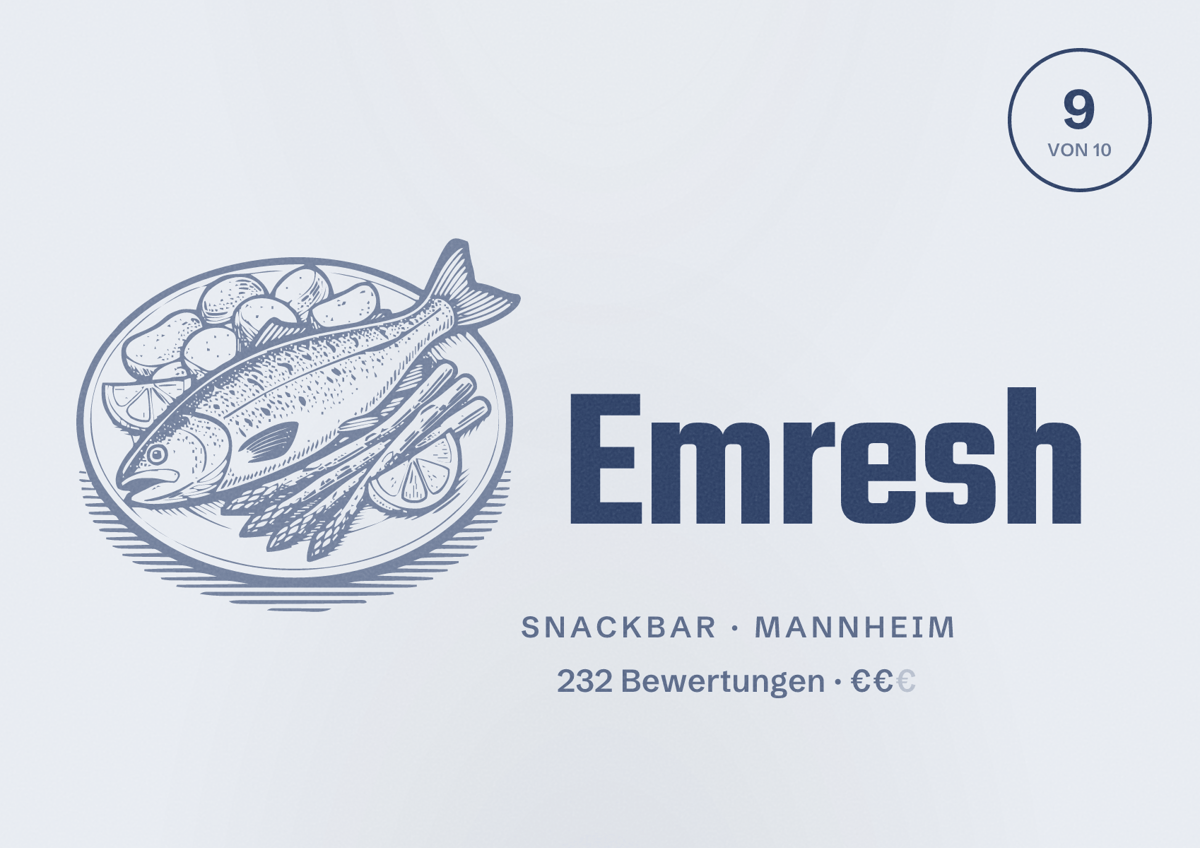 Illustriertes Poster von Emresh, Snackbar in Mannheim: Bewertung 9 von 10 aus 232 Bewertungen, Preisniveau €€