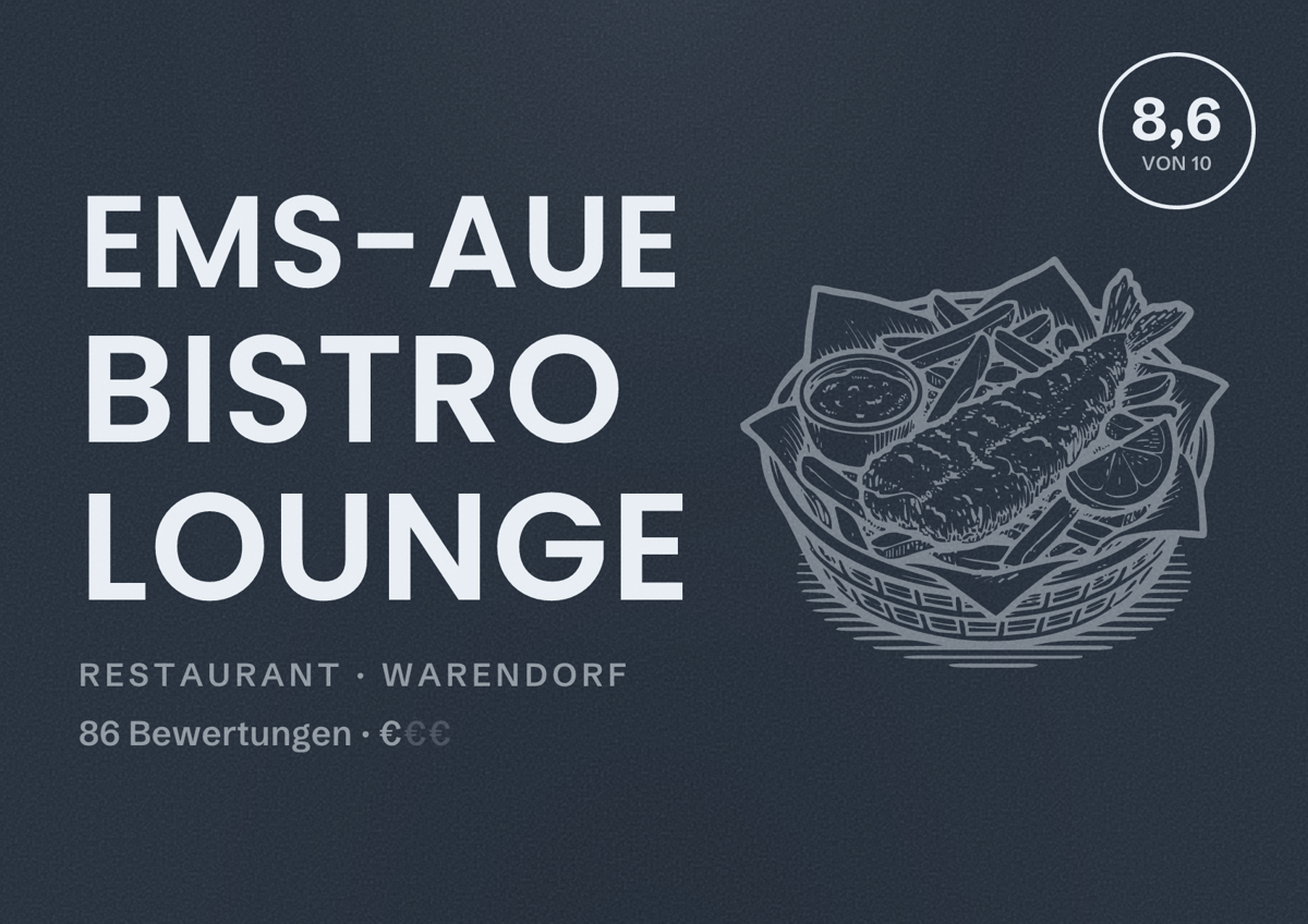 Illustriertes Poster von Ems-Aue Bistro Lounge, Restaurant in Warendorf: Bewertung 8,6 von 10 aus 86 Bewertungen, Preisniveau €