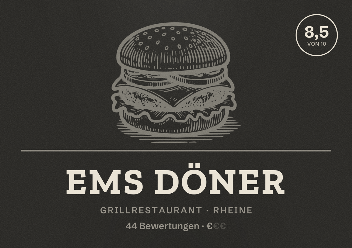 Illustriertes Poster von Ems Döner, Grillrestaurant in Rheine: Bewertung 8,5 von 10 aus 44 Bewertungen, Preisniveau €