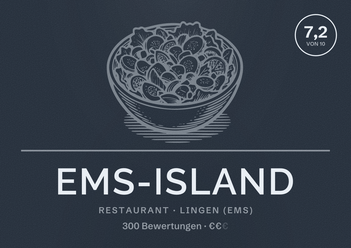 Illustriertes Poster von Ems-Island, Restaurant in Lingen (Ems): Bewertung 7,2 von 10 aus 300 Bewertungen, Preisniveau €€