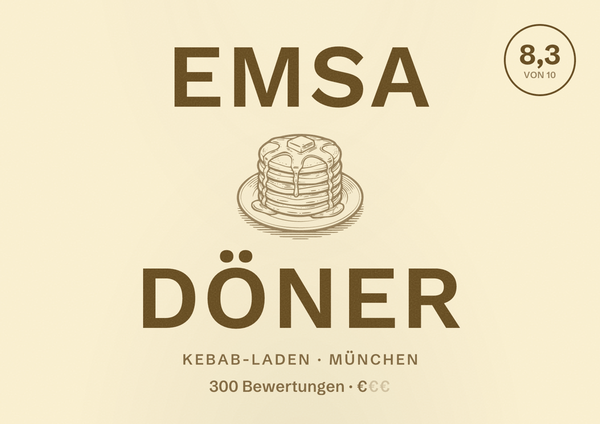 Illustriertes Poster von Emsa Döner, Kebab-Laden in München: Bewertung 8,3 von 10 aus 300 Bewertungen, Preisniveau €