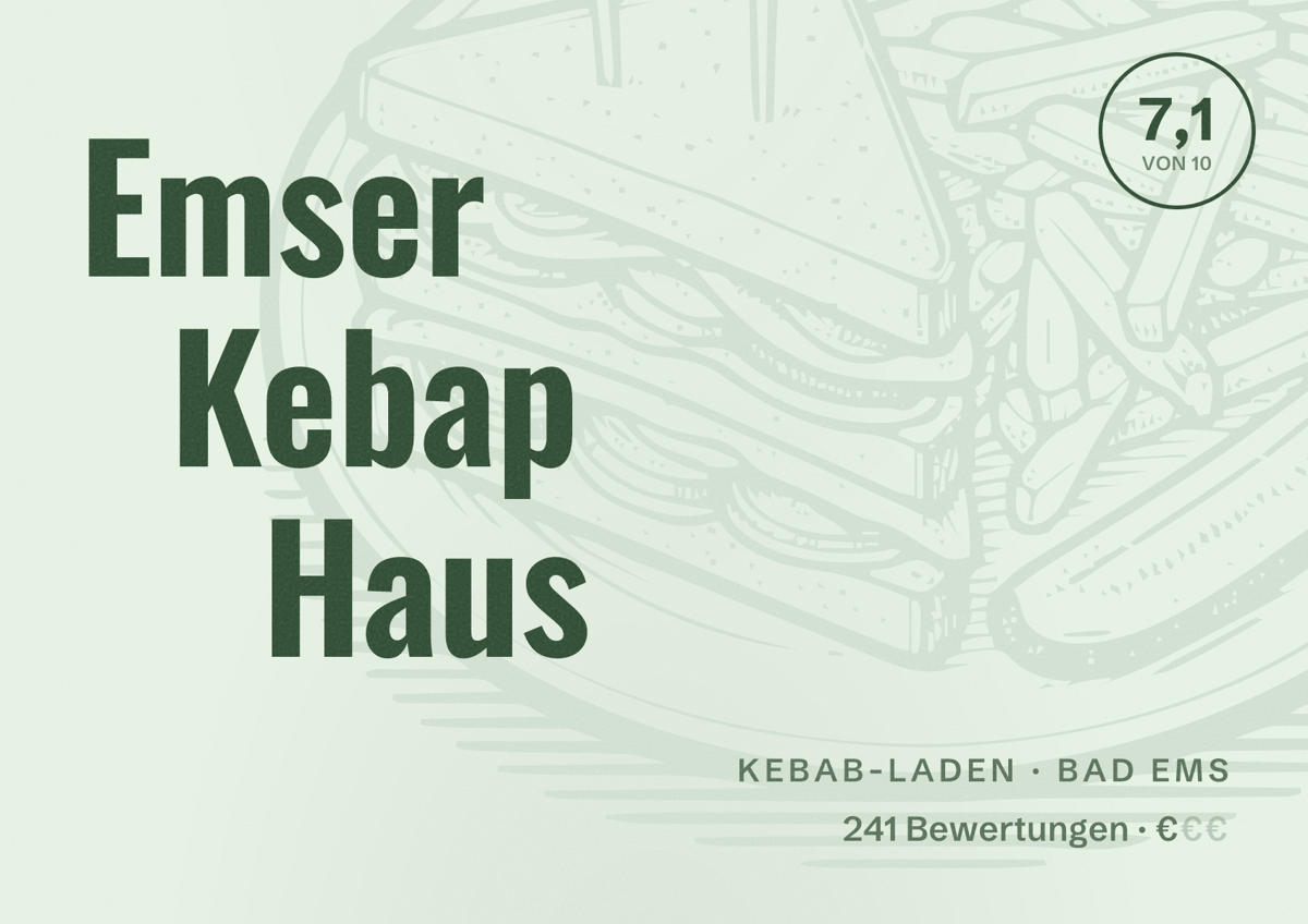 Illustriertes Poster von Emser Kebap Haus, Kebab-Laden in Bad Ems: Bewertung 7,1 von 10 aus 241 Bewertungen, Preisniveau €