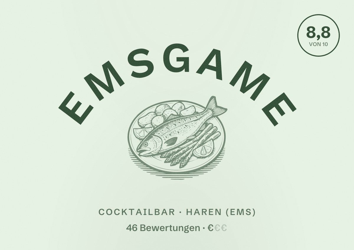 Illustriertes Poster von emsGame, Cocktailbar in Haren (Ems): Bewertung 8,8 von 10 aus 46 Bewertungen, Preisniveau €