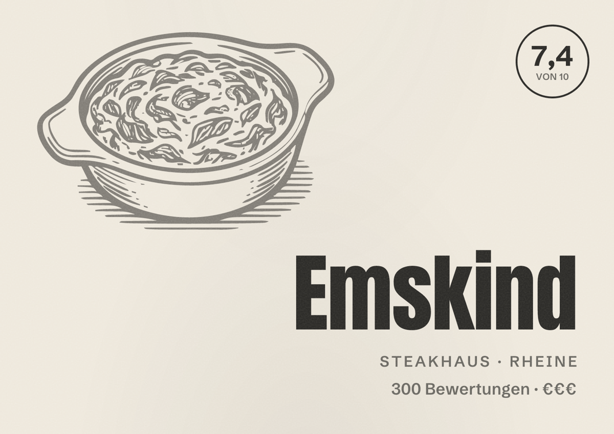 Illustriertes Poster von Emskind, Steakhaus in Rheine: Bewertung 7,4 von 10 aus 300 Bewertungen, Preisniveau €€€