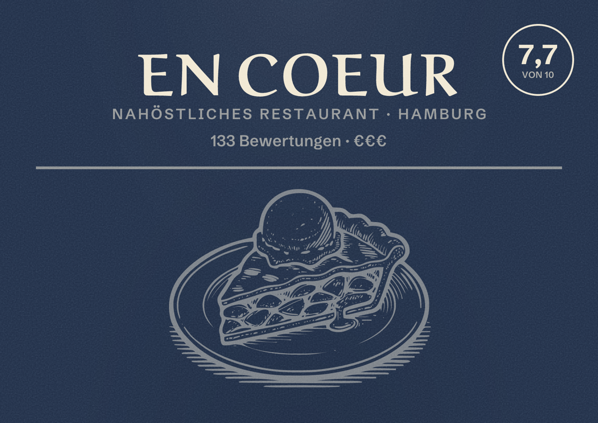 Illustriertes Poster von En Coeur, Nahöstliches Restaurant in Hamburg: Bewertung 7,7 von 10 aus 133 Bewertungen, Preisniveau €€€